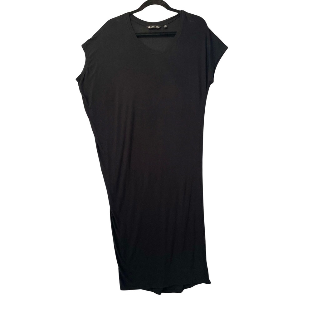 Athleta Maxi Dress Womens Small Tall Black Modal Spandex Asymmetrical Cap Sleeve